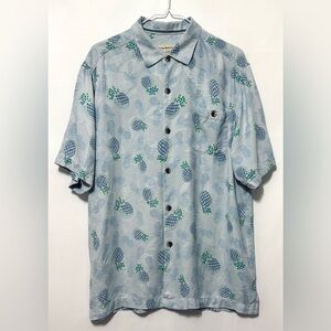Tommy Bahama Silk Hawaiian Pineapple Shirt Short Sleeve Button Up Blue Large